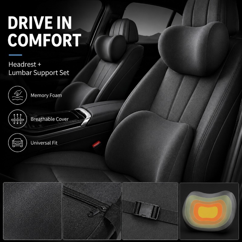 Memory Foam Car Neck Pillow Lumbar Support - Auto-Kopfstützen-Nackenkissen und Lendenwirbelstützkissen-Set, Memory-Schaum Rücken- und
