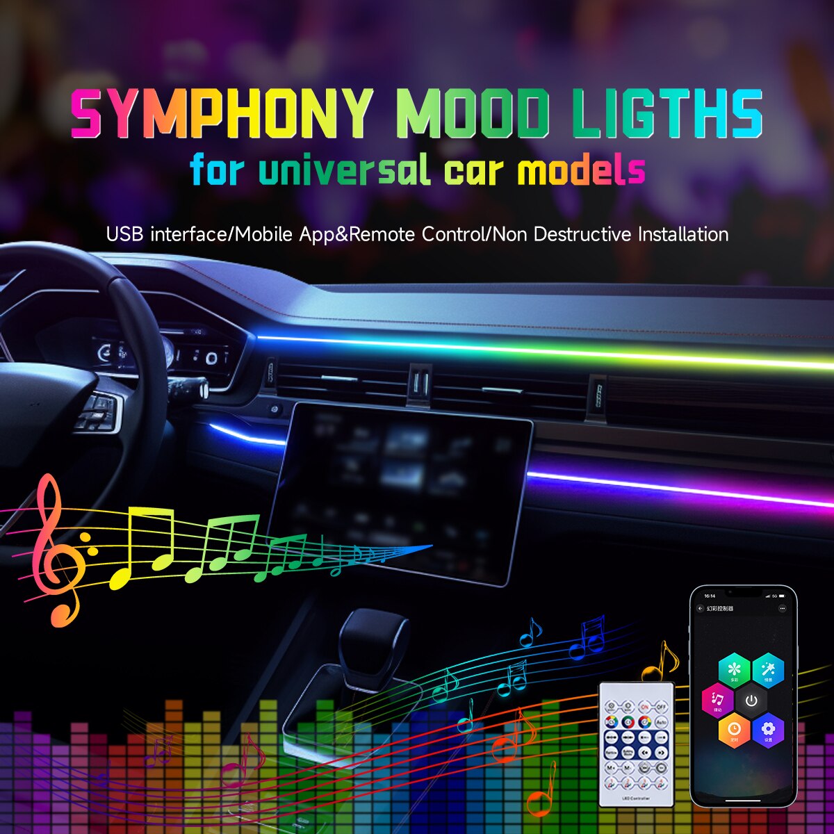 Led Ambient Interior Car Lights App Control - Auto LED Umgebungslicht USB 64 Farben